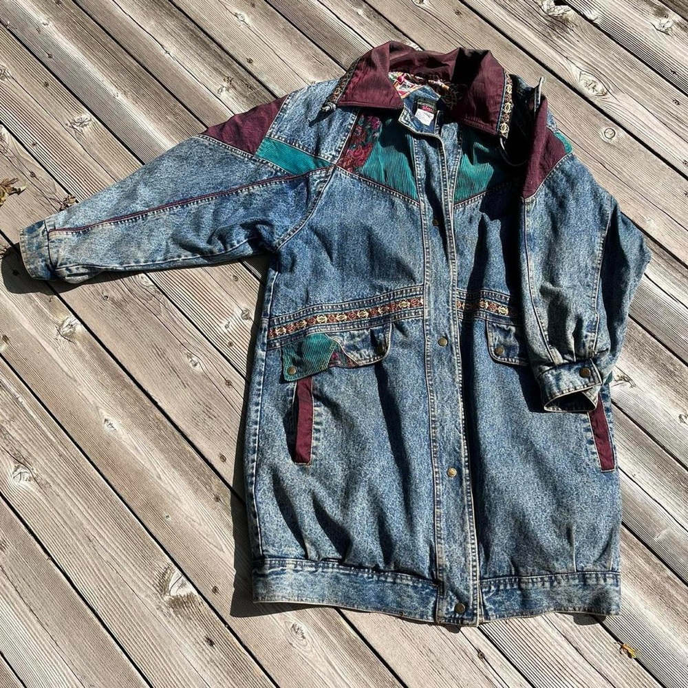 Weathered Blues patchwork denim mid length 80s vintage jacket
